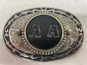 Vintage Western Gürtelschnalle Monogramm "AA" silber schwarz Gravur ZB-003 oval - Bild 1 von 9