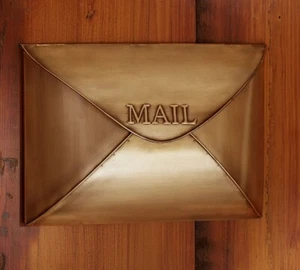 POTTERY BARN METAL ENVELOPE MAILBOX VINTAGE BRASS COLOR NEW IN BOX Nib - Picture 1 of 3