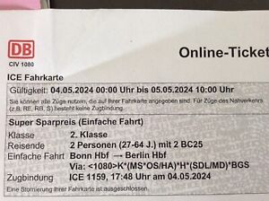 db bahn ticket, Bonn/Koeln nach Berlin, 04.05.2024, 2 Personen