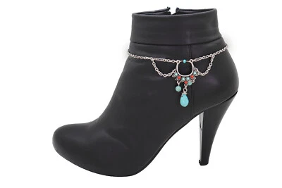 Mujer Plata Metal Cadena Western Bota Pulsera Zapato Turquesa Azul Cuentas Dije Foto 1 de 4