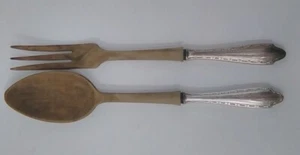 Sterling silver & Wood Salad Set Serving Spoon and Fork - Picture 1 of 2