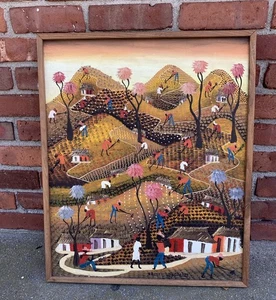 Marie Hippolyte , Signed Vintage Haitian Folk Art Painting . Vibrant Farm - Picture 1 of 12