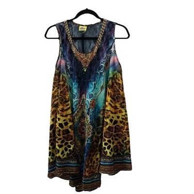 Vestido Boho Indie Olive Talla Única 100% Seda Cuentas Lentejuelas Tie Dye Batik Leopardo Foto 1 de 4