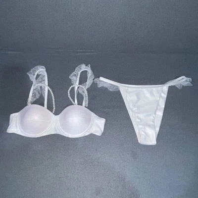Conjunto de lencería blanca brillante perla sujetador tanga volantes ribete sexy íntimo para mujer Foto 1 de 4