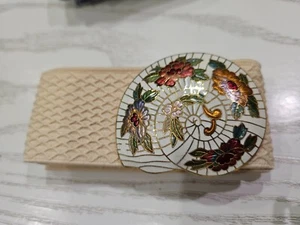 Vintage 80s NEW enamel metal buckle and elastic band belt-Shell/Beige - Picture 1 of 2