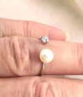 Vintage Jewellery White Gold Genuine Pearl and Diamond Ring Antique Jewelry sz 7