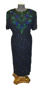 Papell Boutique Vintage 80s 90s Black Silk Beaded Formal Prom Party Dress sz 24 - Picture 1 of 2