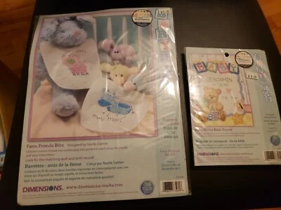 Dimensions Baby Hugs Stamped Cross Stitch Kits Farm Friends Bibs & Birth Record - Image 1 of 3