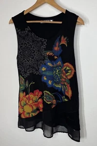 Desigual Knit Tank Top SZ XL Black Floral Asymmetrical Chiffon Hem - Picture 1 of 12