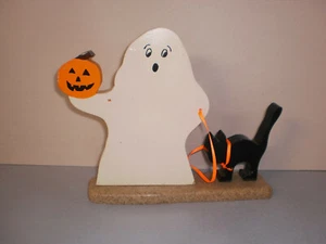 Halloween Ghost & Cat holding Pumpkin Painted Wood Figures Decor 9419 - Picture 1 of 4