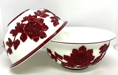 "Antiguo juego de 2 cuencos florales rojos con superposición de vidrio de Pekín tallado chino de 8""" Foto 1 de 4