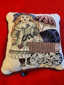Vintage Petit Point Needlepoint Pillow  Girl,Baby Carriage, Umbrella 6x6 Dakota - Picture 1 of 6