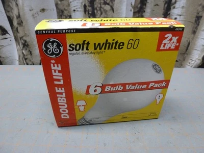 NOS Genuine GE 60 Watt 6 PACK Double Life SOFT WHITE LIGHT BULBS - Image 1 of 3