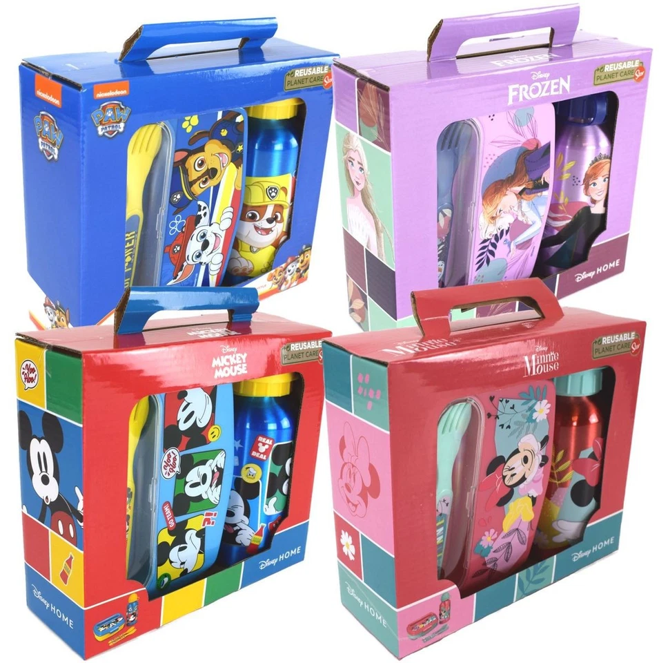 Pausen-Set 2tlg. Brotdose mit Besteckfach und Alu Trinkflasche verschiedene Moti - Bild 1 von 1