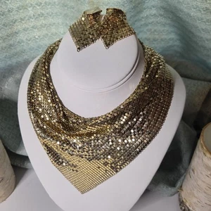 Rau Klikit Mesh Bib Disco Necklace Plus Clip-on Earrings Gold Tone Vintage TD1 - Picture 1 of 16