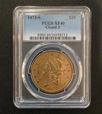 1873 $20 CLOSED 3 LIBERTY HEAD GOLD COIN PCGS XF40 - Image 1 of 2