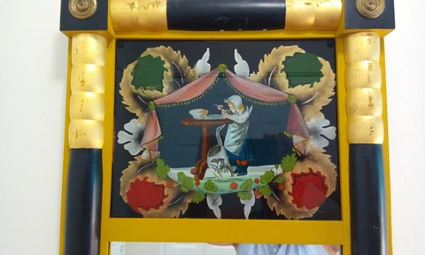 REDUCED ANTIQUE SHERATON REVERSED HAND PAINTED CHILD & CAT MIRROR SPLIT BALUSTER Cover
