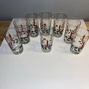 Vintage Christmas MCM Holly Candle Drinking Glasses/Tumblers 12oz Set of 8 - Picture 1 of 9