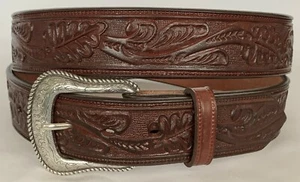 MADE in USA Belts 46 Brown Leather Tooled Oak Leaf Scroll Western Buckle NWOT! - Picture 1 of 8