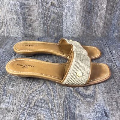 Sandalias Eric Javits Bellport para mujer 11 N cuero marrón tejido diapositivas boho preppy Foto 1 de 4
