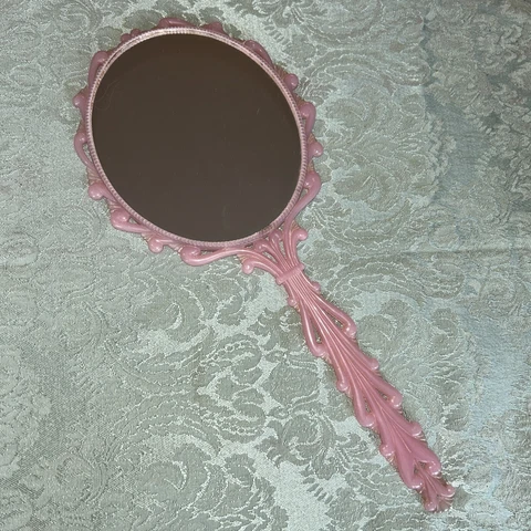 Vintage Victorian Ornate Handheld Mirror Flower Designs  Pink Handle Cover