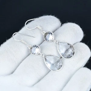 Stupefacente Topazio Bianco Gemma Mano Gioielli 925 Sterling Orecchini Argento - Foto 1 di 4