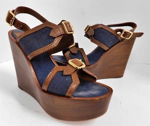 Tory Burch Florian Blue Denim Brown Leather High Platform Wedge Heels 8.5 M - Picture 1 of 6