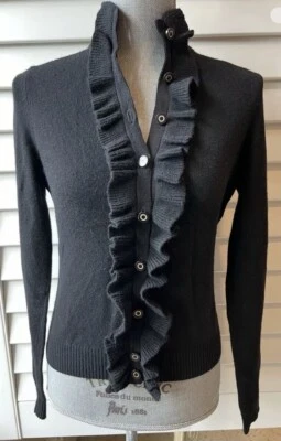 Cárdigan Suéter Tory Burch Lana Cachemira Negro Volantes Ligero Botón XS Foto 1 de 4