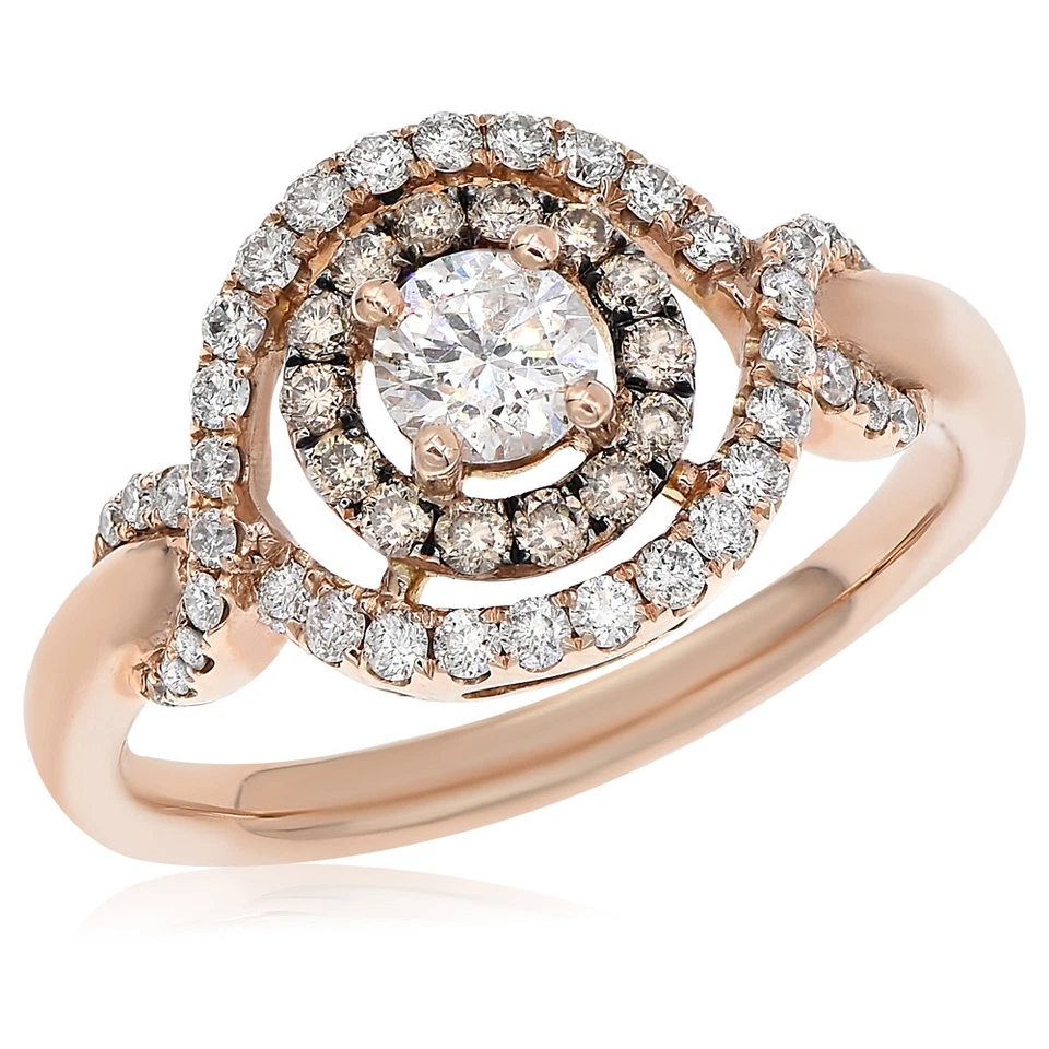 14K ROSE GOLD PAVE BROWN CHAMPAGNE COGNAC DIAMOND HALO ENGAGEMENT CLUSTER RING - Image 1 of 1