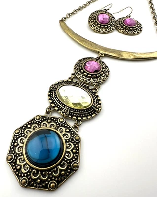 Conjunto de collar y pendientes THALIA SODI llamativos nuevo con etiquetas bronce esmalte azul y púrpura Foto 1 de 4
