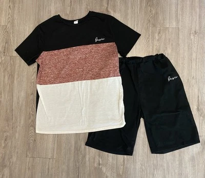 男孩基本款短 T 恤套装,XL 13-14,黑色条纹 — 第 1/2 张图片