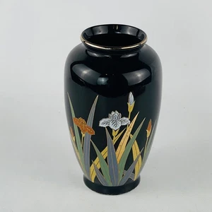 Vintage Otagiri Japan Porzellan schwarze Vase 5 1/8" orange grau Iris Goldrand - Bild 1 von 6