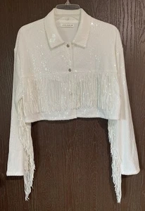 Camisa corta 12th Tribe Western para mujer M lentejuelas blancas flecos rodeo baile - Imagen 1 de 12