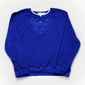 Alfred Dunner Velour Bright Blue Floral Embroidered Grandma Pullover Fleece XL - Picture 1 of 9