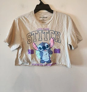 Disney Stitch Super Player Galactic Champion Tee Shirt Beige crop top size small - Picture 1 of 3