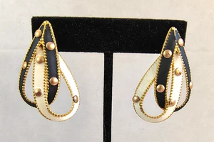 Vintage Black White Rose Dots Double Hoop Loop Gold Tone Earrings - Picture 1 of 13