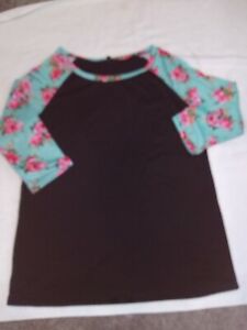 INC Womens Black Floral  3/4  Sleeves  Round Neck  cotton  Blouse Top medium sof