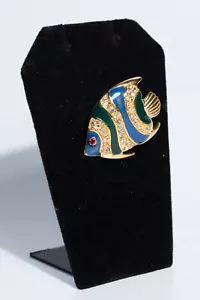 Vintage Brosche - Angelfish bemalte Emaille goldfarben mit glänzenden Kristallen, unsigniert - Bild 1 von 3