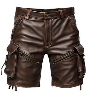 Leather Shorts Real Lambskin New Men's Brown Cargo Style Cafe Racer Shorts Pant - Picture 1 of 3
