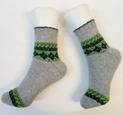 Hand Knitted Lady's Socks Angora/Wool Fair Isle Gray/Navy/Green Size 5/7 #AW4 - Image 1 of 4