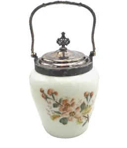 A.J. Hall Meriden Milk Glass Biscuit Jar w/ Handle & Lid - Picture 1 of 7