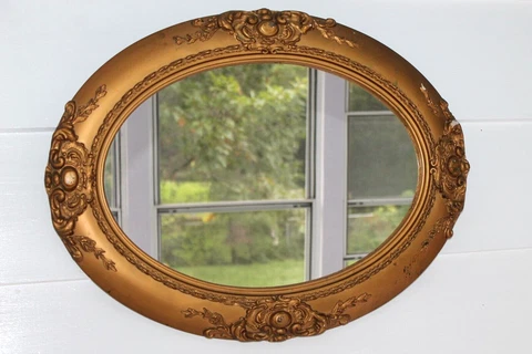 Vintage 19H" x 24W" Oval Gold Toned Wood Framed Wall Hanging Mirror Cover