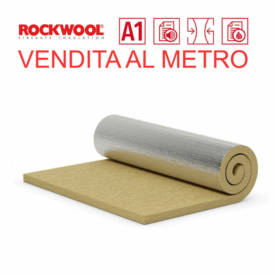 Lana di roccia Rockwool 1x1,2 metri Feltro Alluminio sp. 5cm per Canne Fumarie