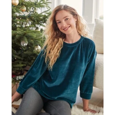 Garnet Hill Top Womens M Teal Blue Moonrise Velour Crew Pullover Boxy 3/4 Sleeve - Image 1 of 4