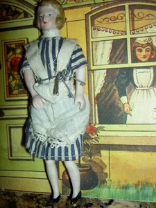 German antique bisque 5" dollhouse maid/servant doll w/keys, apron, all original - Picture 1 of 24