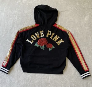 Women’s Victoria’s Secret Pink Black Sequin Bling Rose Fashion Show Hoodie S Y2k - Picture 1 of 9