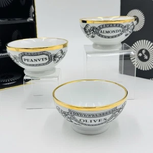 Fornasetti Milano Set 3 Snack Bowls Appetizer Porcelain White Gold Italy Vintage - Picture 1 of 24