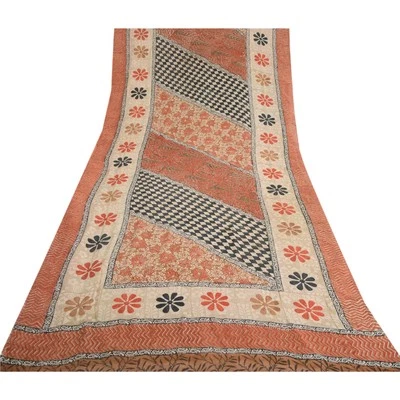 Sanskriti Vintage Indian Sari 100% Pure Georgette Silk Printed 5Yd Craft Sarees  - Image 1 of 4