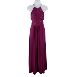 Morgan & Co Maxi Dress 5 Jr Women Wine Red Purple Evening Gown Halter Sequins - Picture 1 of 12