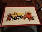 VTG Framed Nursery Wall Decor Crewel Boys Yellow Dump Truck  Bear Ball Textured